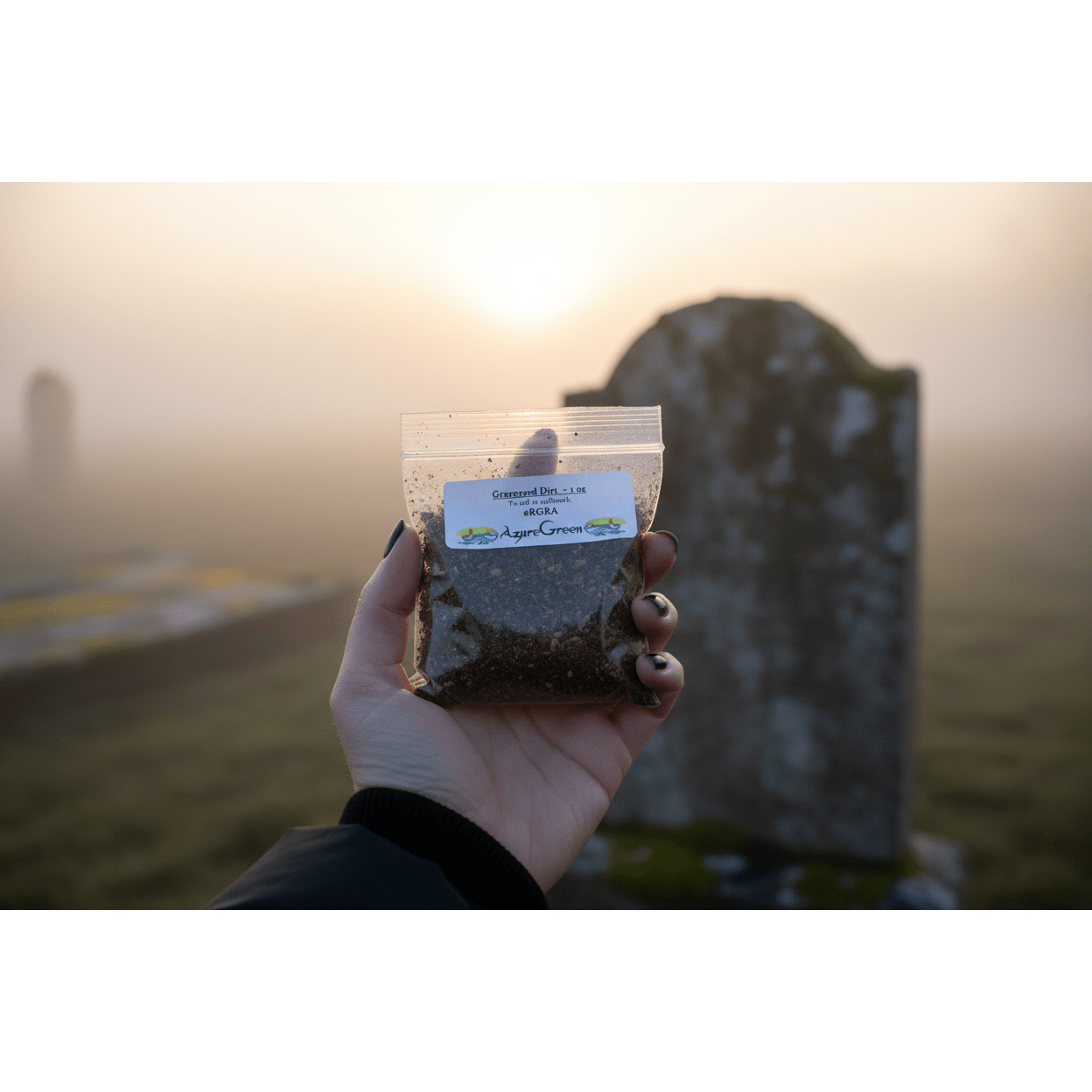 1oz resealable bag of graveyard dirt held in an open palm near a mossy gravestone at dusk with soft fog in the background