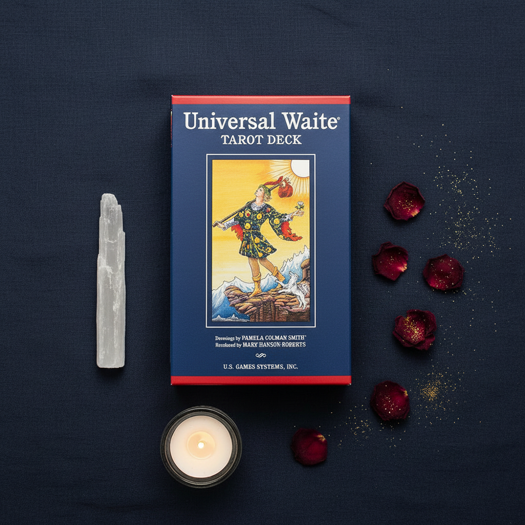 Universal Waite Tarot Deck flat lay with selenite wand, tea light, and rose petals