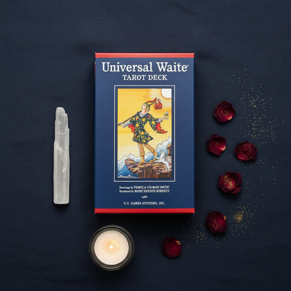 Universal Waite Tarot Deck flat lay with selenite wand, tea light, and rose petals