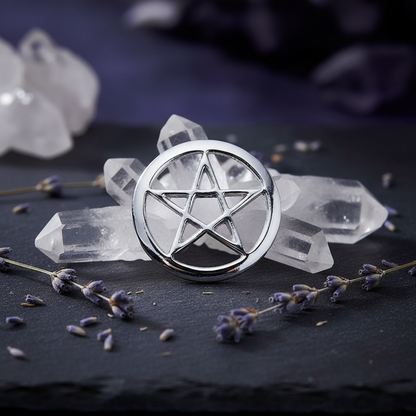 2.75-inch pentagram altar tile on dark slate surface surrounded by clear quartz crystals and dried lavender