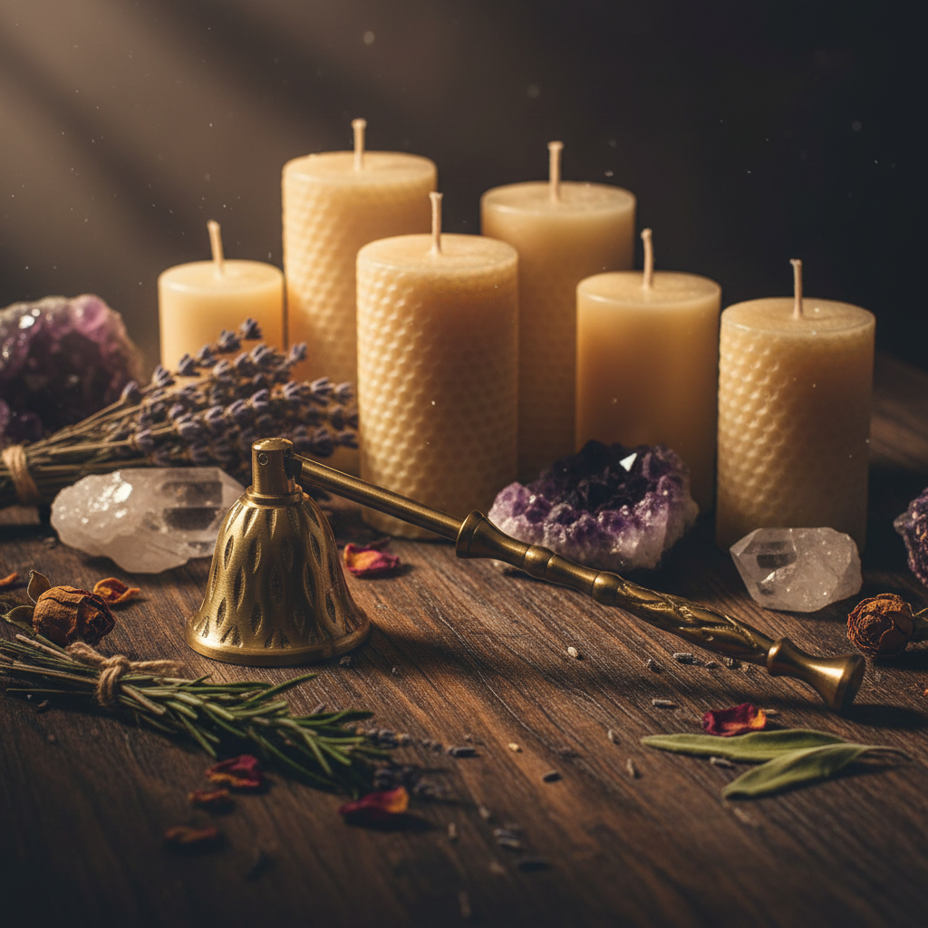Brass Renaissance candle snuffer on a dark wooden altar surrounded by fully textured candles, crystals, and dried herbs