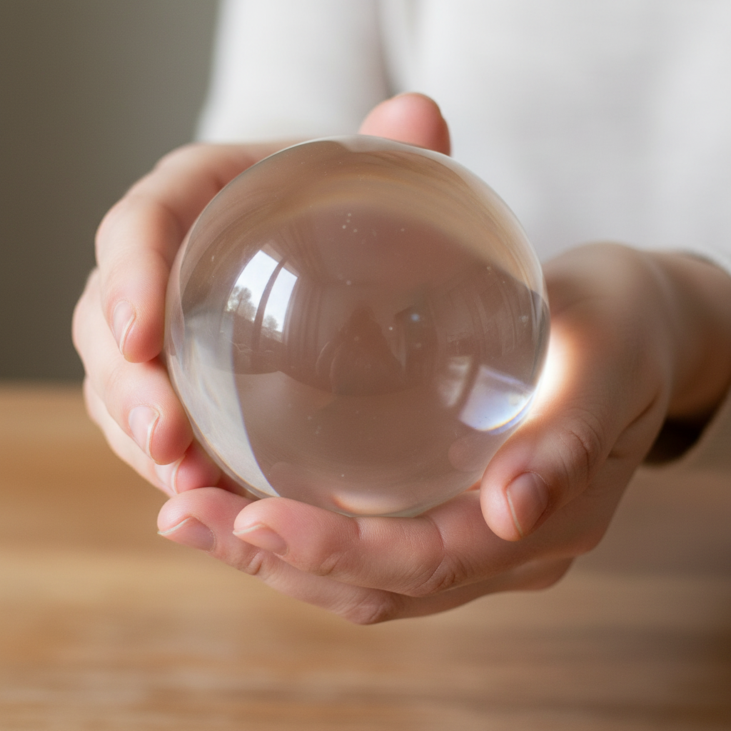 Clear quartz gazing ball held gently in two hands with soft indoor lighting
