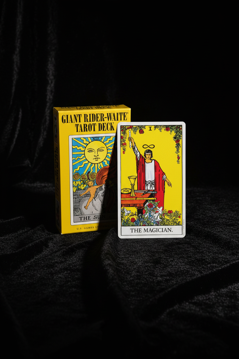 Giant Rider-Waite Tarot Deck yellow box with The Magician card leaning against it on dark velvet