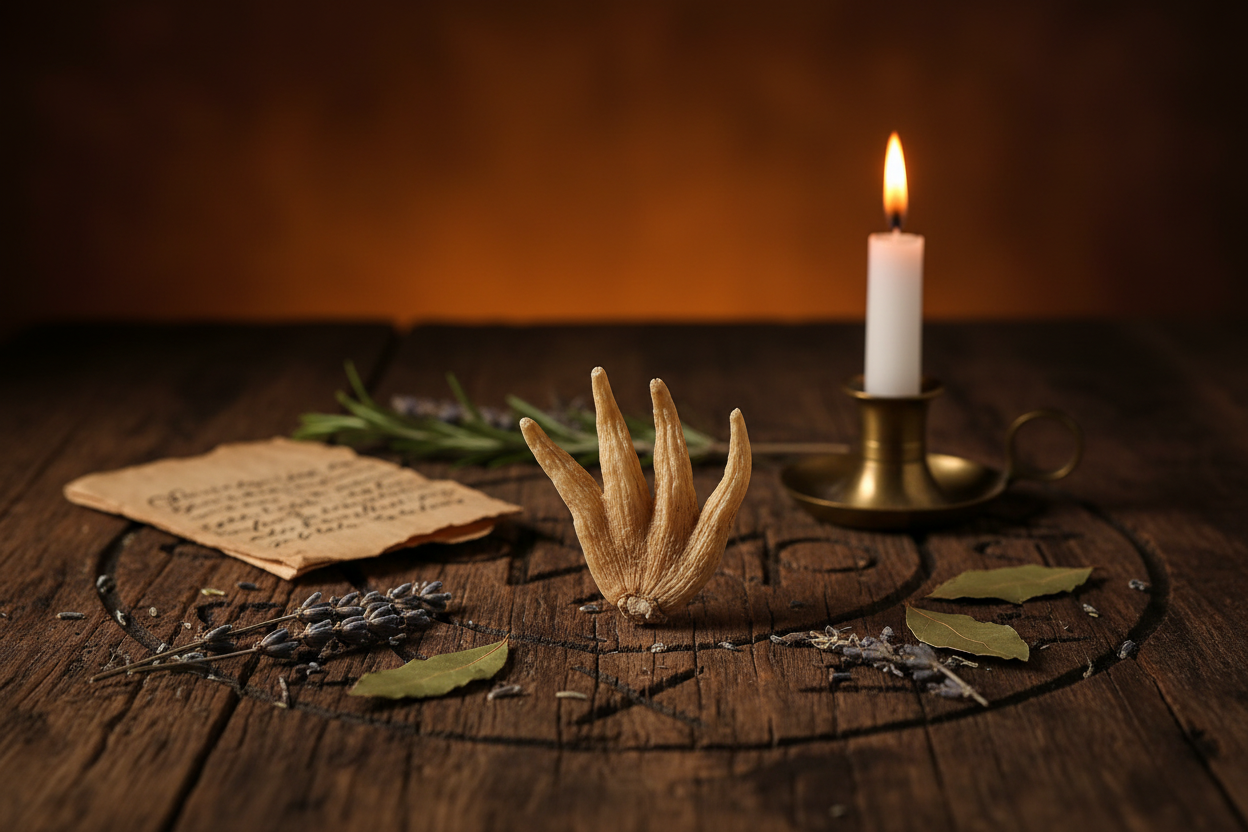 Lucky Hand Root on a rustic wooden altar with candlelight, parchment, and dried herbs