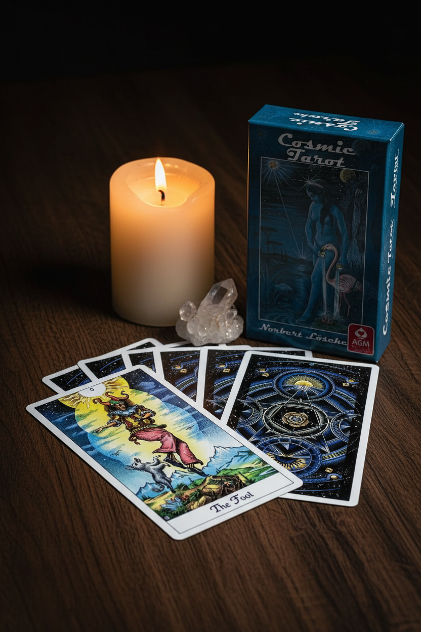 Cosmic Tarot Deck box on dark walnut table with The Fool card, quartz crystal, and candlelight