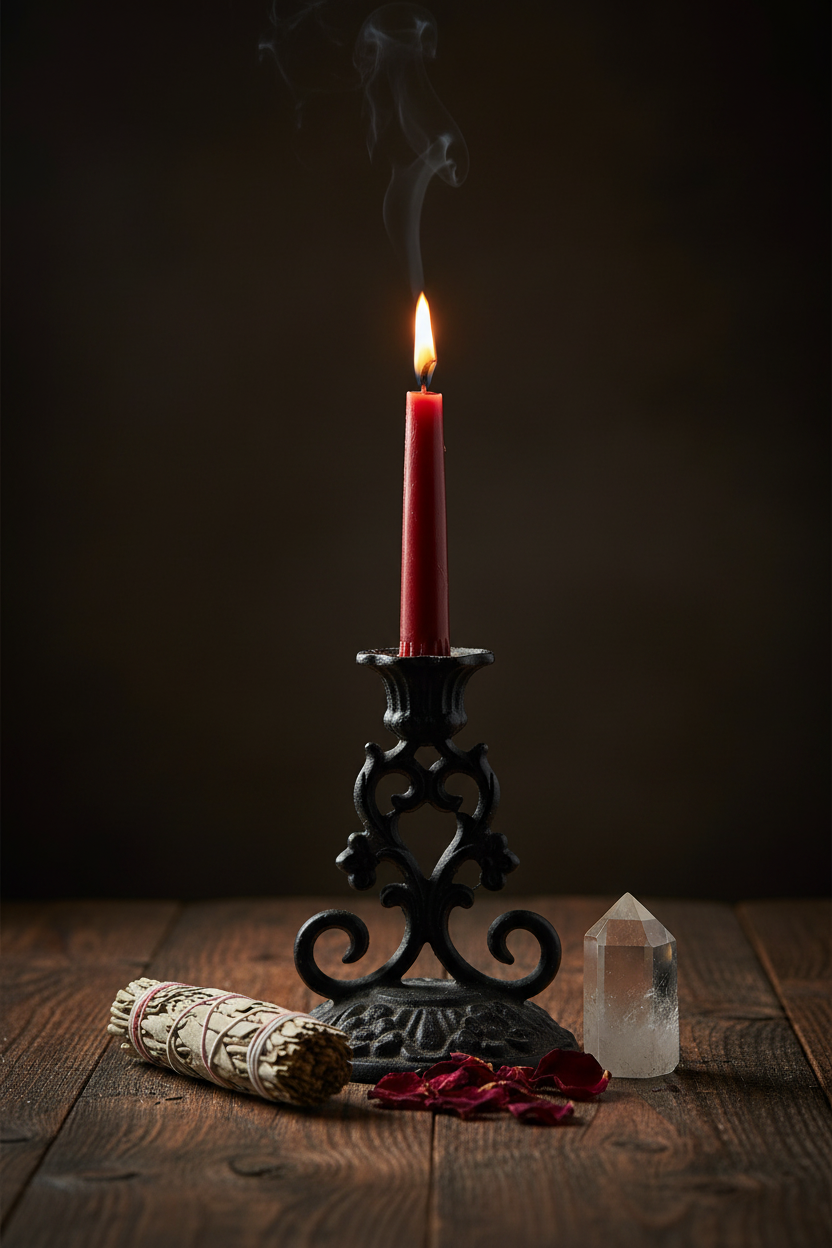 Get What You Want ritual candle - brick red 7-inch taper candle on wooden altar with sage bundle and quartz crystal