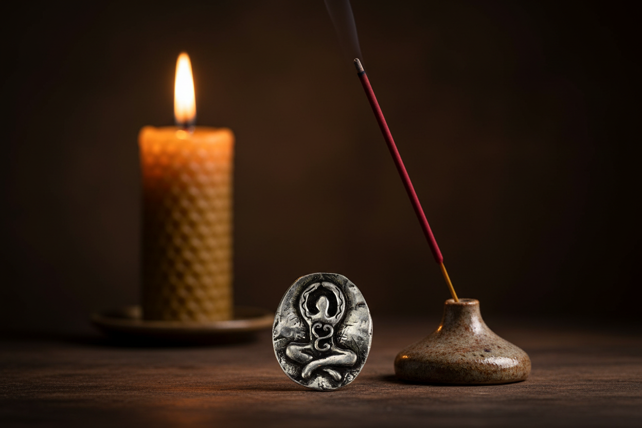 Goddess pewter pocket stone on a wooden altar beside lit incense