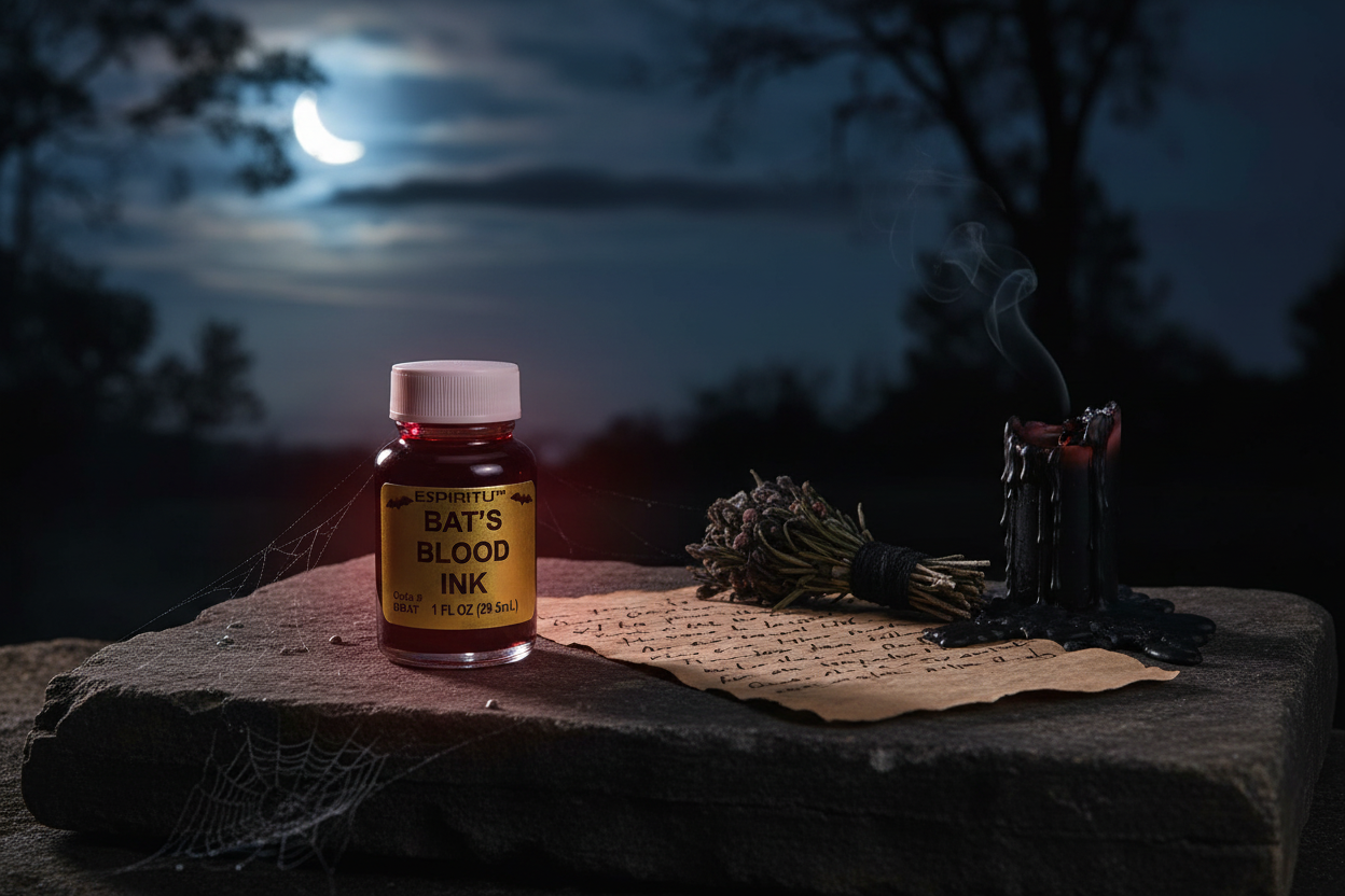 Bat's Blood Ink by Espiritu 1 oz bottle in a dark moon outdoor ritual setting