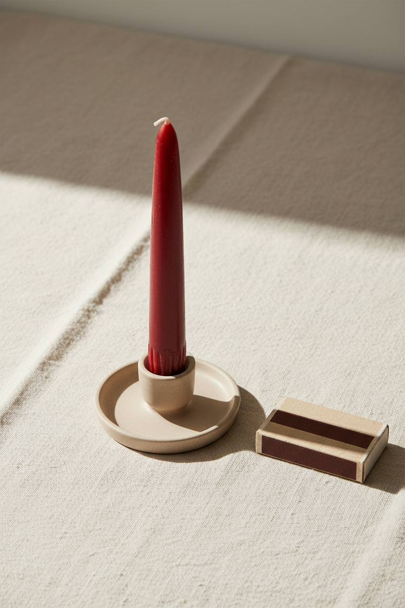 Get What You Want ritual candle - brick red 7-inch taper candle on linen cloth with matchbox for scale