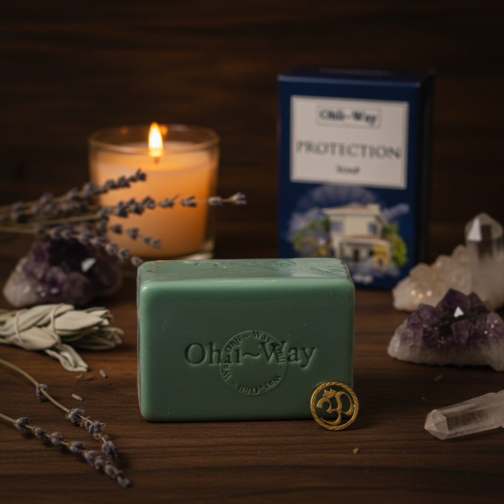Close-up of Ohli-Way Protection Soap teal bar and gold Om charm with box softly in background