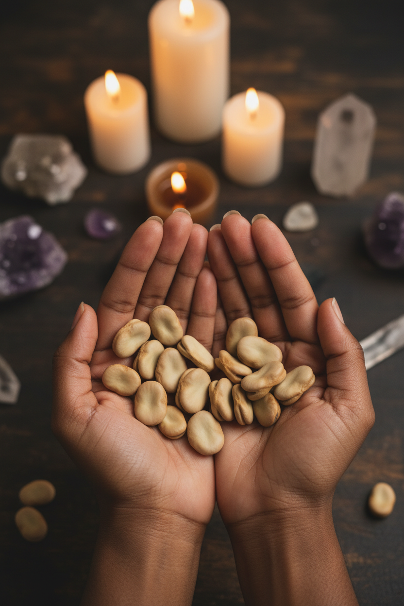 Open hands of a Black woman cradling approximately 13 dried fava beans with candles and crystals in the background