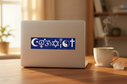 Coexist bumper sticker centered on a MacBook laptop lid on a wooden desk