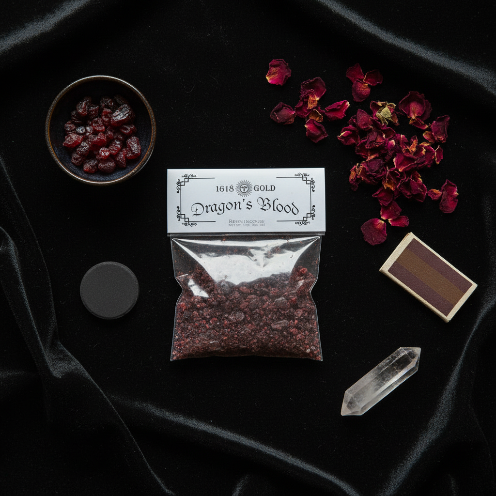 Dragon's Blood granular incense bag flat lay with ritual items on dark velvet