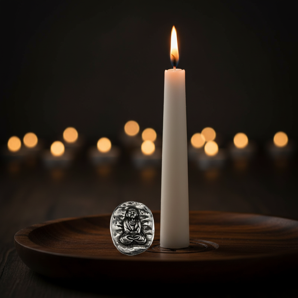 Buddha pocket stone beside a tall lit taper candle on a wooden meditation tray, showing its tiny 3/4-inch size