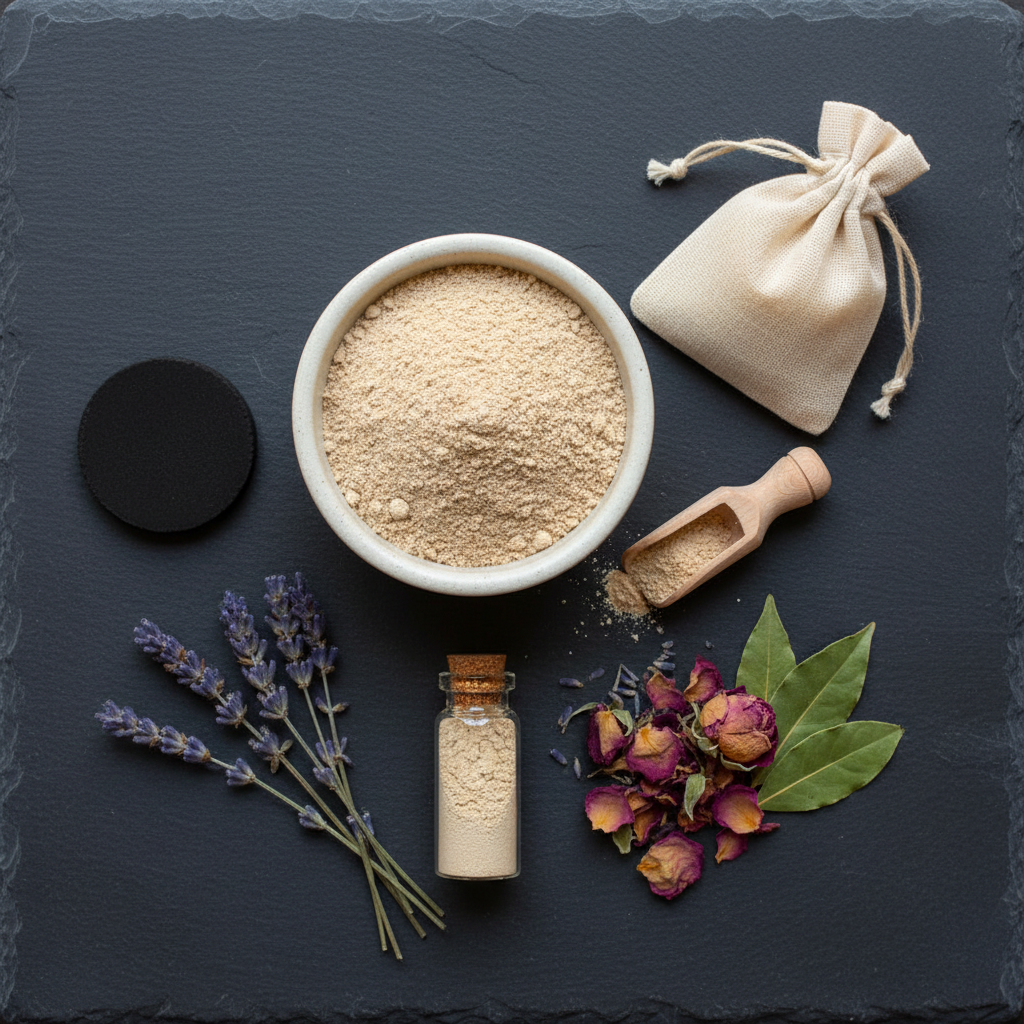 Flat lay of yellow sandalwood powder in a ceramic bowl, filled muslin sachet, corked spell bottle, charcoal disc, and dried botanicals on dark slate