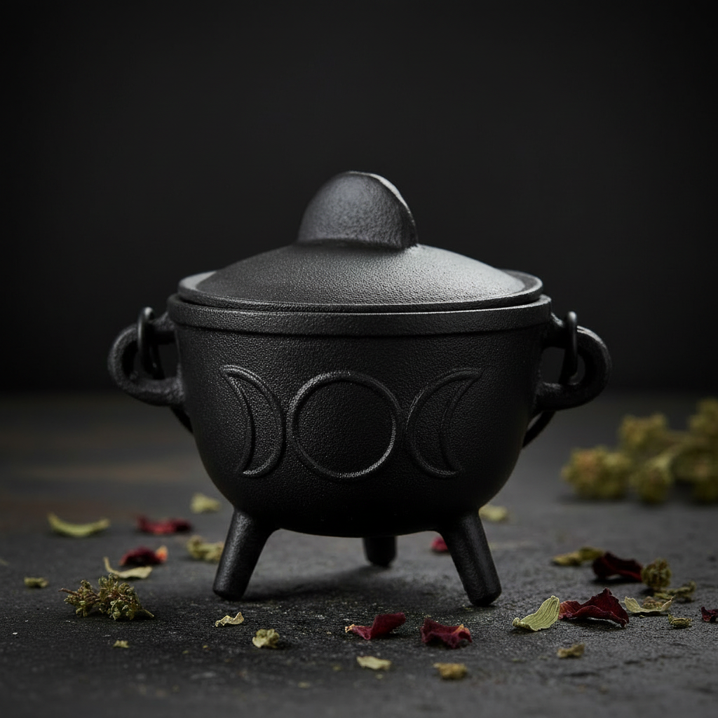 Close-up of Triple Moon Cast Iron Cauldron with Lid on dark stone surface with dried herb petals, Triple Moon etching clearly visible