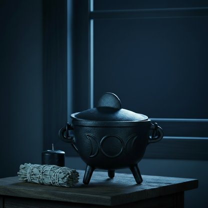Triple Moon Cast Iron Cauldron with Lid on a wooden windowsill at night with a realistic full moon visible through the window, dried sage and black candle beside it