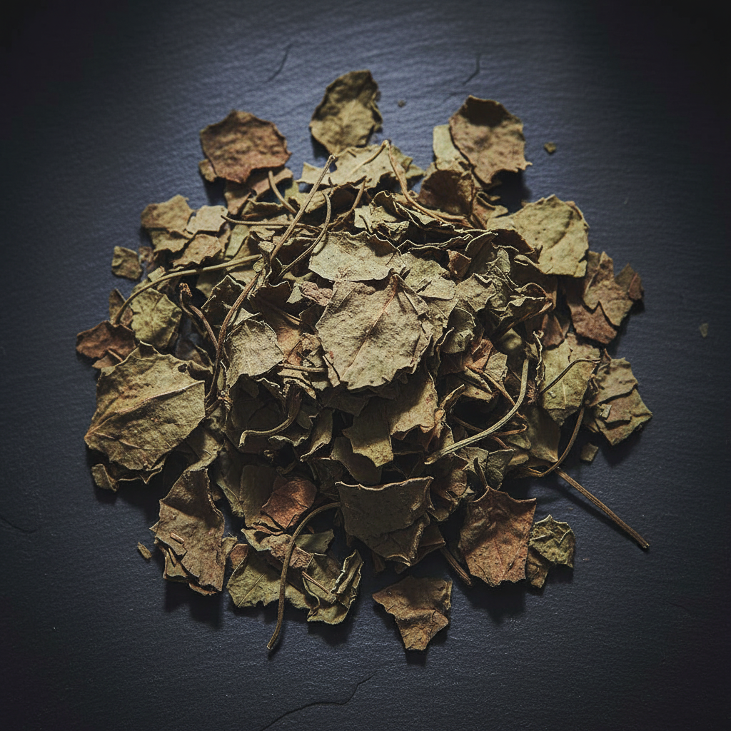 Bulk dried patchouli leaves overhead flat lay on dark slate surface