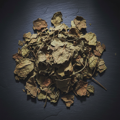 Bulk dried patchouli leaves overhead flat lay on dark slate surface
