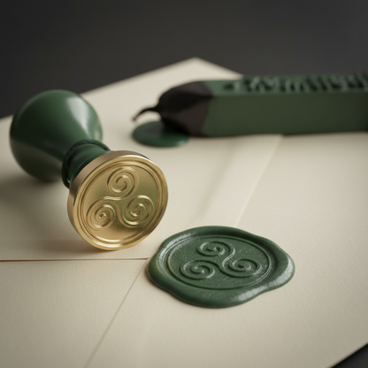 Macro close-up of Celtic triskelion green wax seal on cream envelope flap