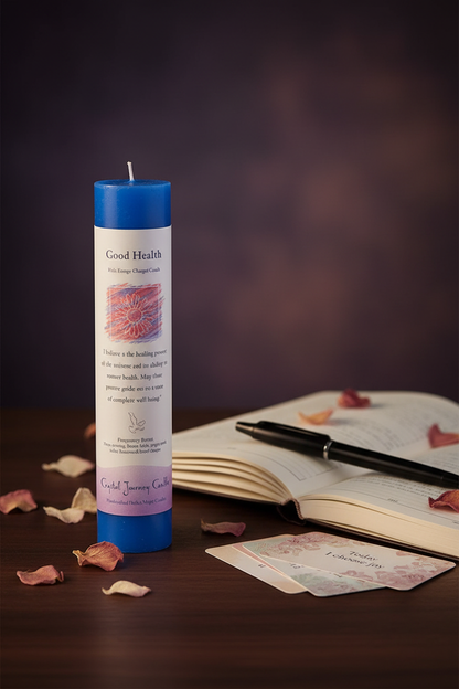 Good Health Reiki Charged Pillar Candle beside an open intention journal and affirmation cards