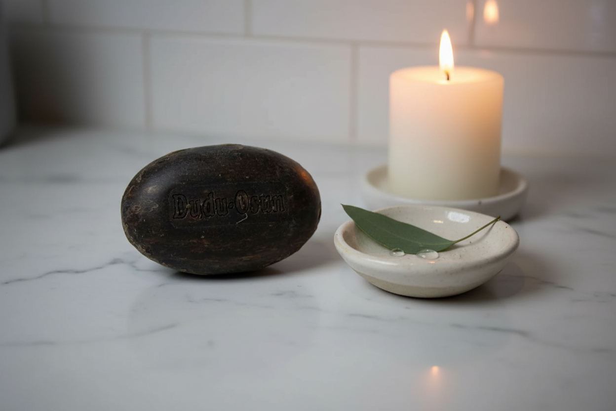 Dudu-Osun African Black Soap bar on white marble countertop with eucalyptus and candle
