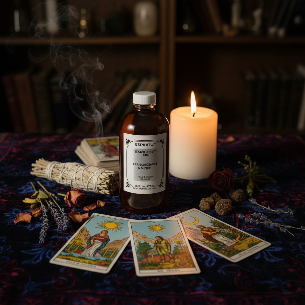 16oz Frankincense & Myrrh Anointing Oil on altar with tarot cards and candle
