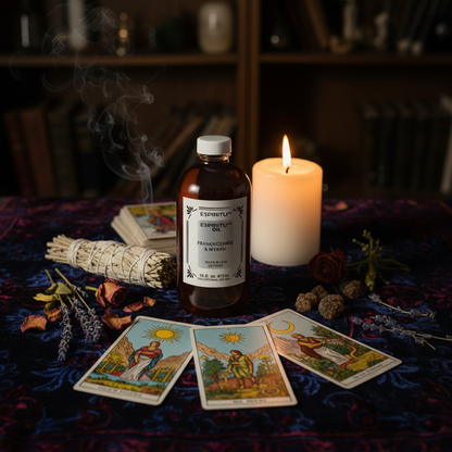16oz Frankincense & Myrrh Anointing Oil on altar with tarot cards and candle