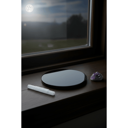 6-inch black obsidian scrying mirror on a moonlit windowsill at night with a selenite wand and amethyst cluster beside it