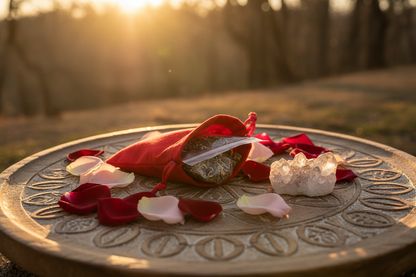 Glamour Ritual Kit on wooden altar tray at golden hour with rose petals and crystal cluster
