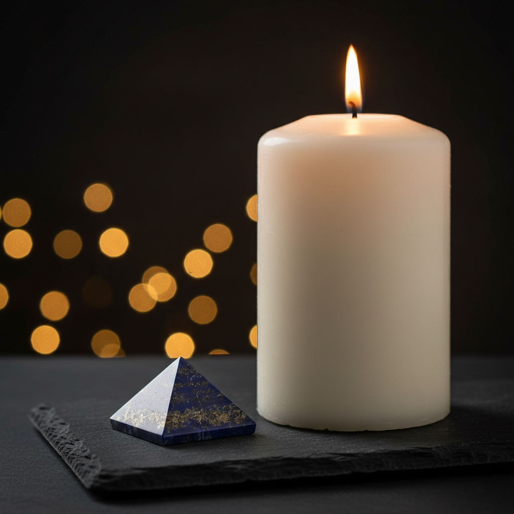 Lapis lazuli crystal pyramid, 1 inch wide, on dark slate altar next to a white pillar candle