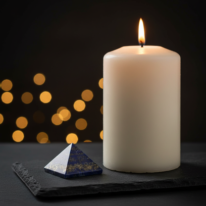 Lapis lazuli crystal pyramid, 1 inch wide, on dark slate altar next to a white pillar candle