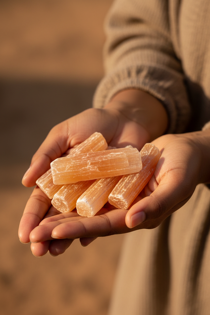 5 orange selenite mini sticks held in cupped hands