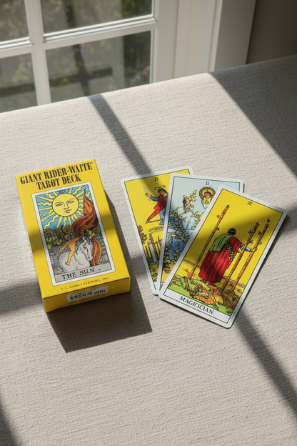 Giant Rider-Waite Tarot Deck yellow box with cards fanned out in natural sunlit window light on linen surface
