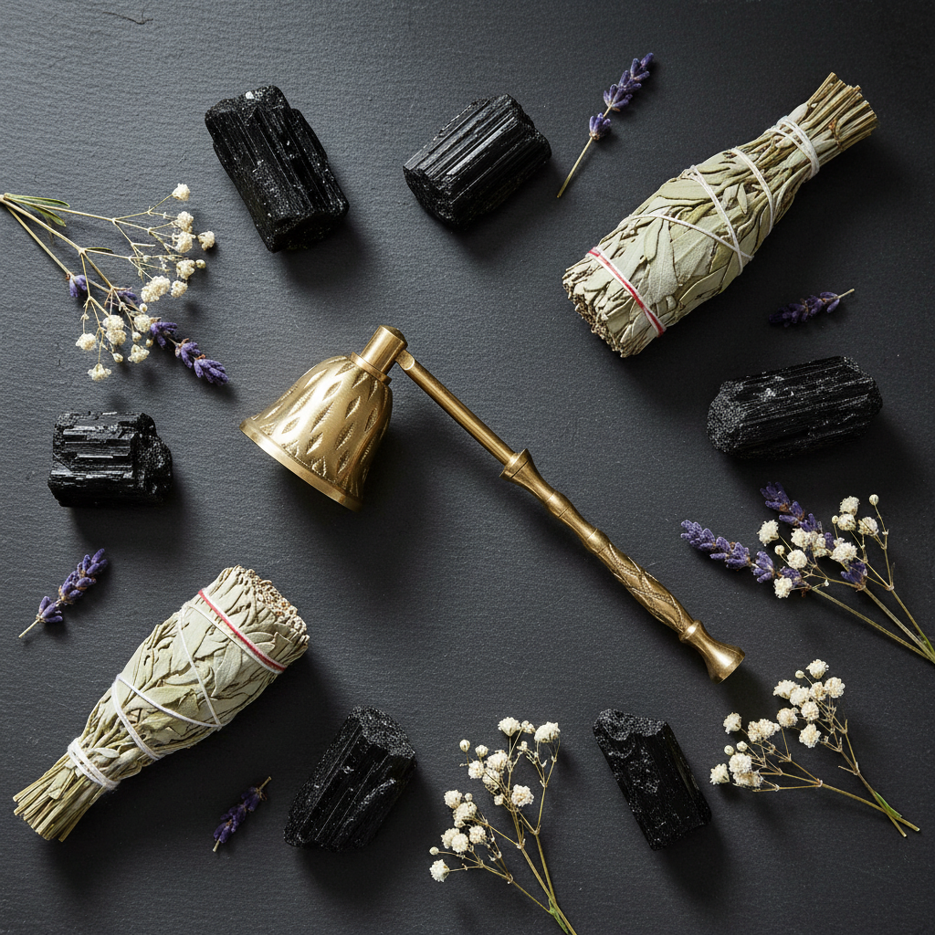 Brass Renaissance candle snuffer flat lay with black tourmaline crystals, sage bundles, and dried flowers on dark slate surface