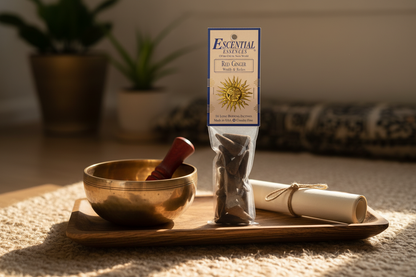 Red Ginger Incense Cones by Escential Essences on a wooden meditation tray beside a singing bowl and scroll
