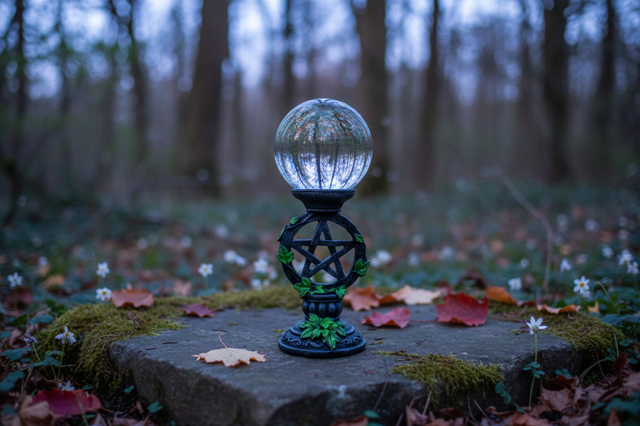 Clear crystal gazing ball on pentagram stand on mossy stone in a forest at dusk with autumn leaves