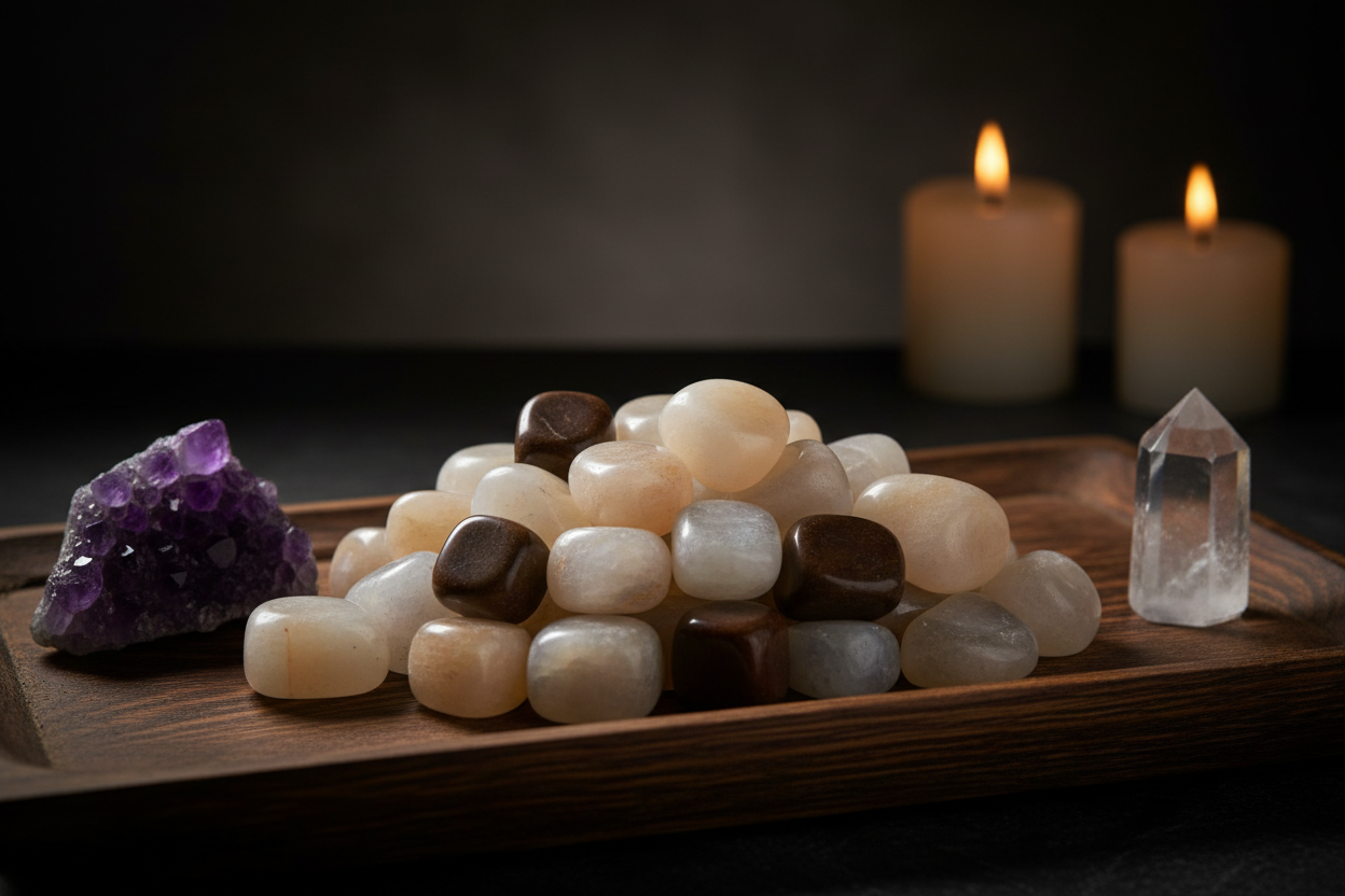 Moonstone tumbled stones on wooden tray with amethyst cluster and clear quartz