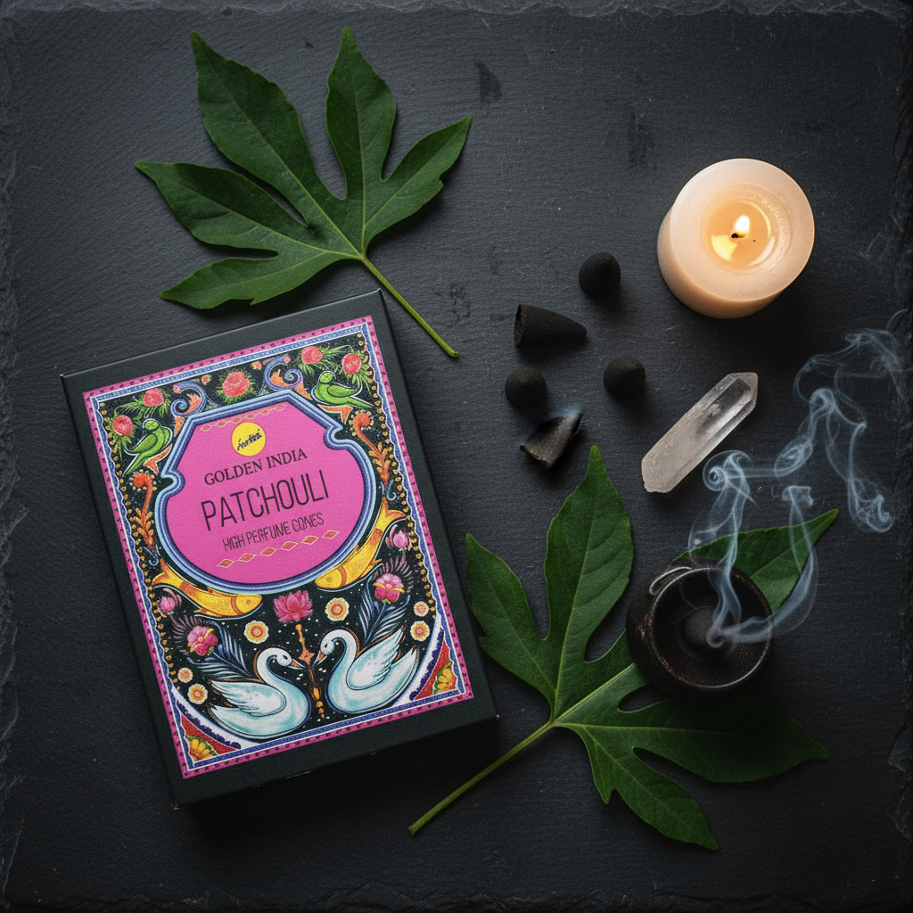 Flat lay of Patchouli Backflow Incense Cones with patchouli leaves, crystal, and candle on dark slate surface