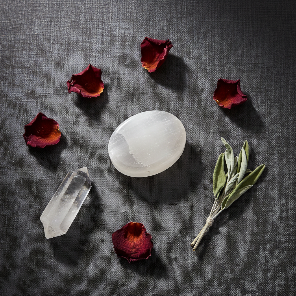 Overhead flat lay of a 1.5 inch polished selenite worry stone on dark linen with dried rose petals, clear quartz point, and dried sage