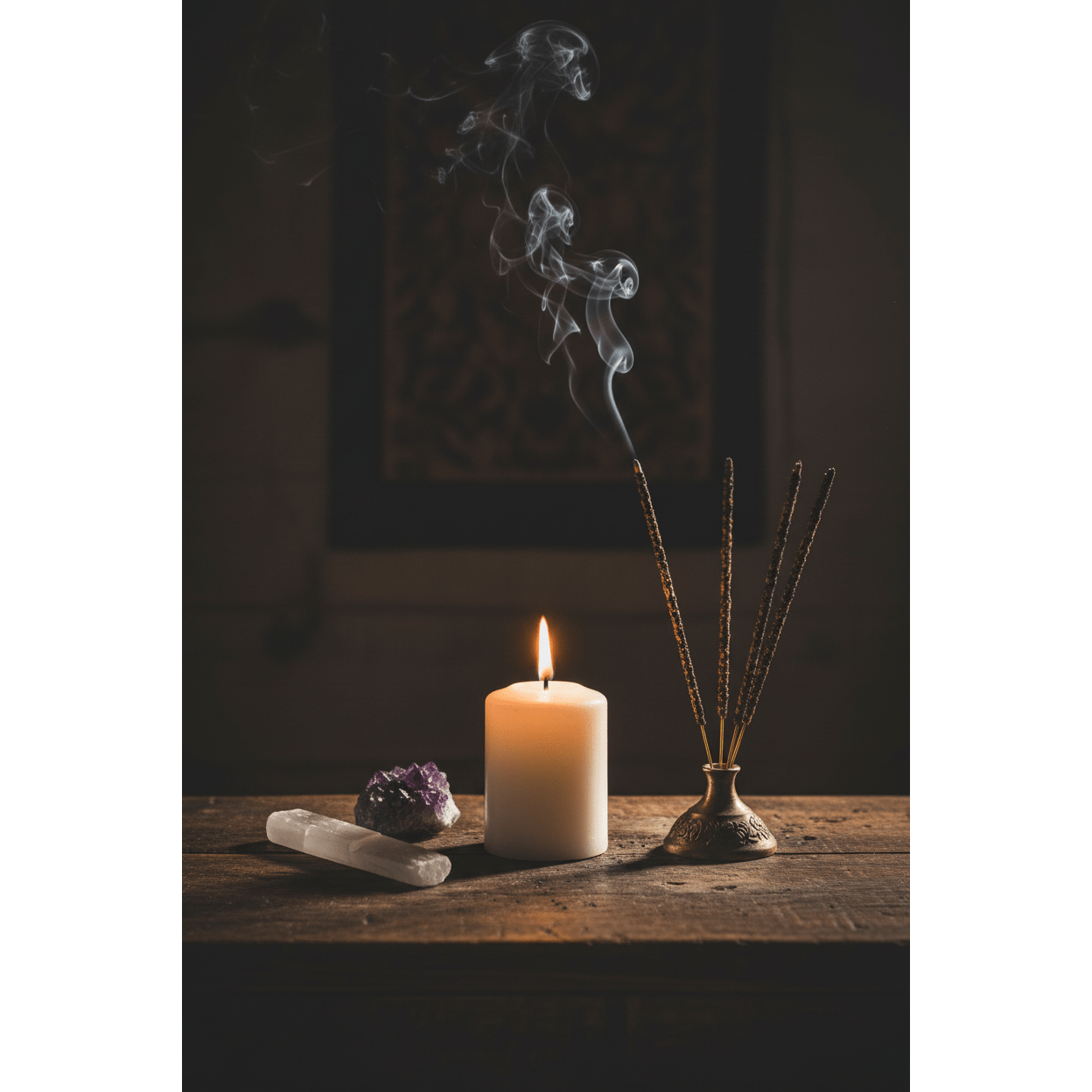 Sonavi Myrrh Incense Sticks 25g on a wooden altar with lit white pillar candle, selenite wand and amethyst cluster in candlelight