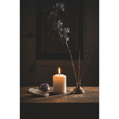 Sonavi Myrrh Incense Sticks 25g on a wooden altar with lit white pillar candle, selenite wand and amethyst cluster in candlelight
