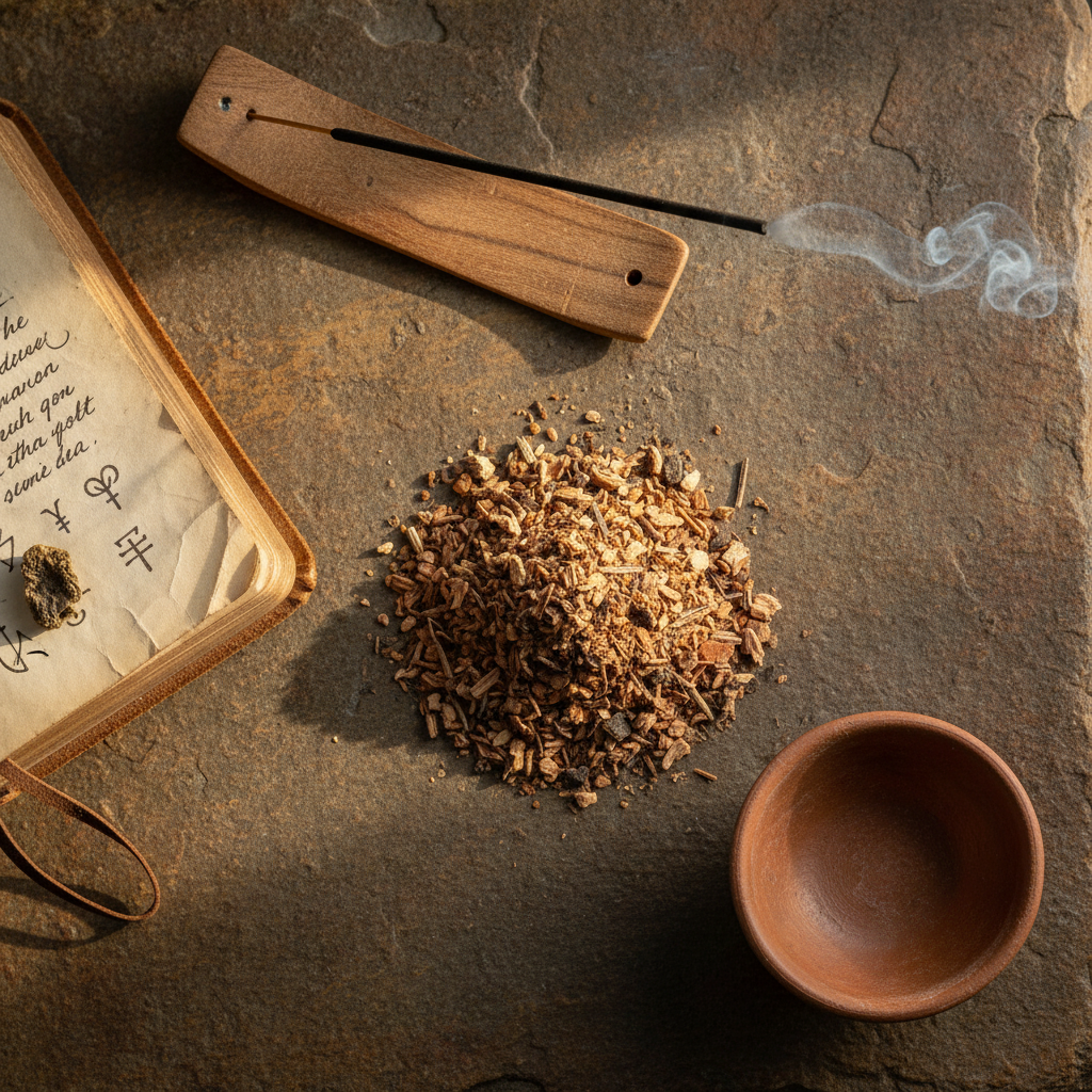 Sarsaparilla Root Cut 2oz spread on a flat stone surface next to an open spell journal, burning incense stick, and a small clay bowl in an overhead flatlay