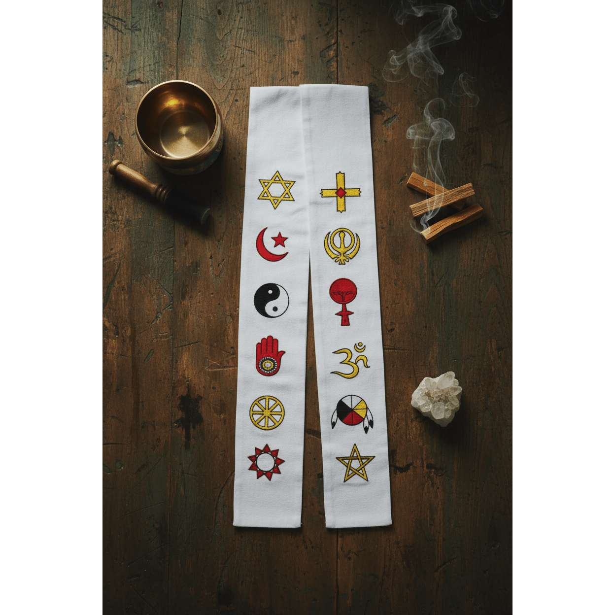 White interfaith stole with twelve sacred religious symbols laid on a rustic wooden altar with singing bowl, palo santo, and crystals