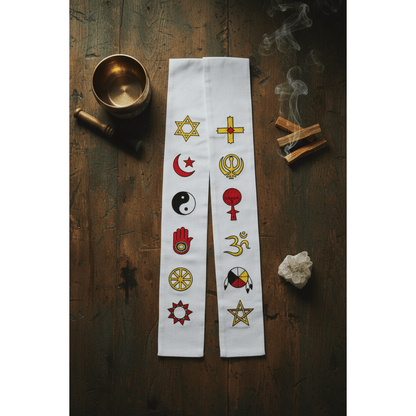 White interfaith stole with twelve sacred religious symbols laid on a rustic wooden altar with singing bowl, palo santo, and crystals