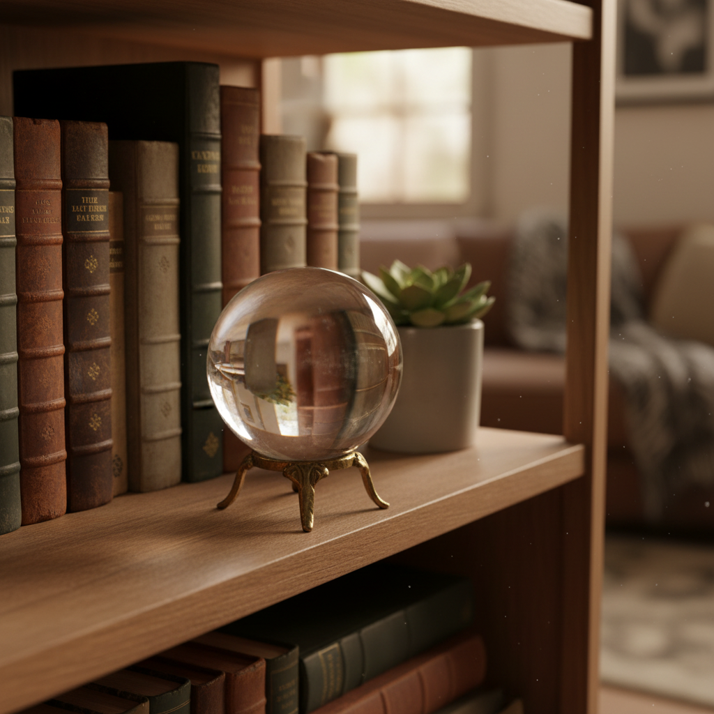 Clear quartz gazing ball on a ring stand on a bookshelf with books and a small plant