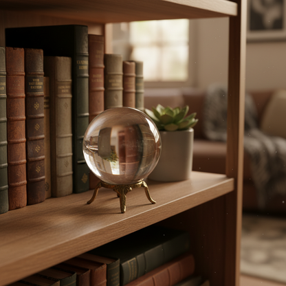 Clear quartz gazing ball on a ring stand on a bookshelf with books and a small plant