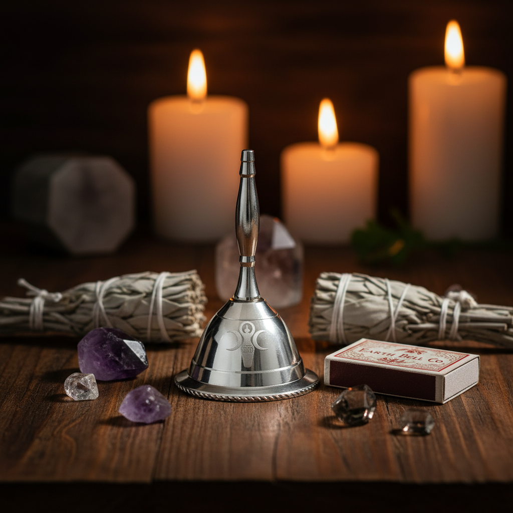 Earth Goddess Silver Altar Bell 2.5 inch on dark wood altar with crystals and sage