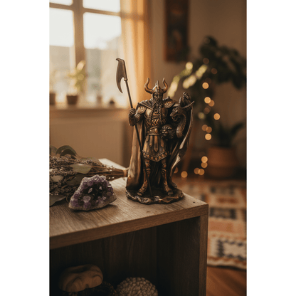 Loki 10 inch statue on a rustic wooden shelf with dried botanicals and amethyst crystals