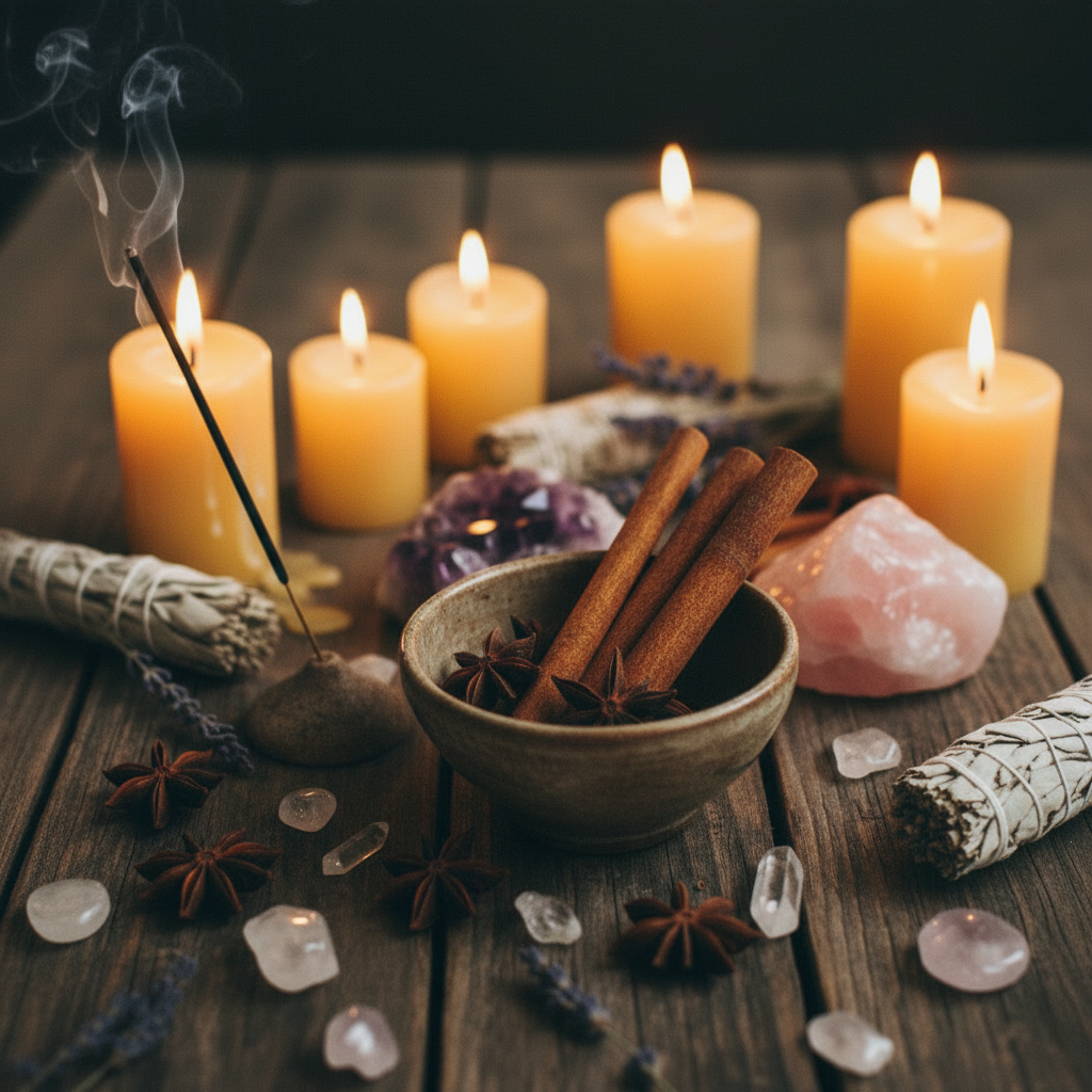 Cinnamon sticks in a rustic ceramic bowl on a wooden altar with incense smoke and amethyst crystals